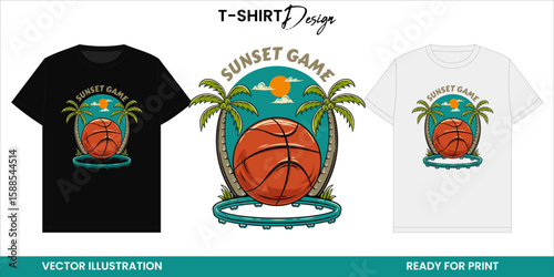 Vintage Beach Basketball Vector T-shirt Design or Print and Sticker. Palm Trees and Hoops