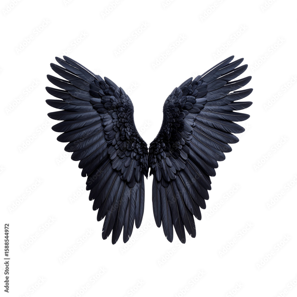 Naklejka premium Dramatic dark feathered wings outstretched in flight, evocative and mystical art on transparent background