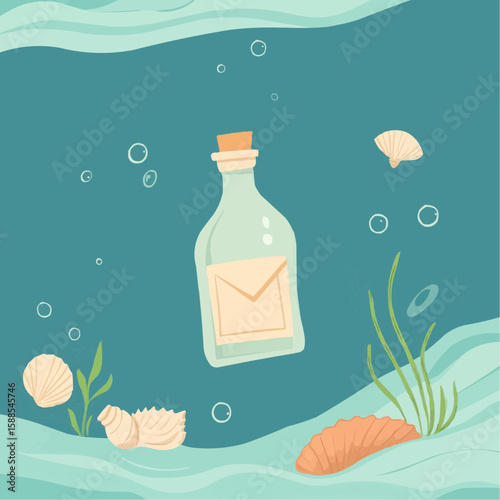 A sea bottle with a full unfolded letter inside, floating on water with sparkles and coral, perfect for summer gift tags and ocean-themed DIY printables
