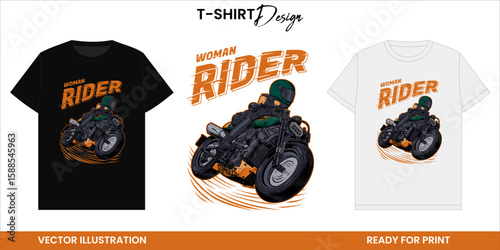Woman Rider with Motorsport Vector T-shirt Design or Print and Sticker. Vintage Racing Illustration