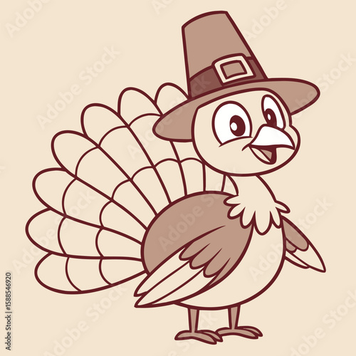 Cute Cartoon Turkey Wearing a Pilgrim Hat Ready for Thanksgiving