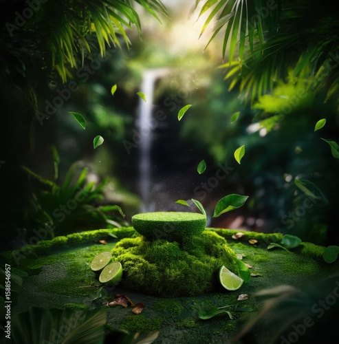 outdoor mockup copy space for environmentally friendly products in the forest. the pedestal made of stone and moss is real green. suitable for natural cosmetics or food or water