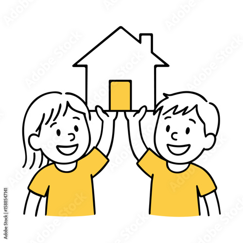 Boy and Girl Holding House. Real Estate, Property, Family, Home Ownership, Teamwork, Cooperation Concept. Hand-Drawn Doodle Style Line Vector Illustration