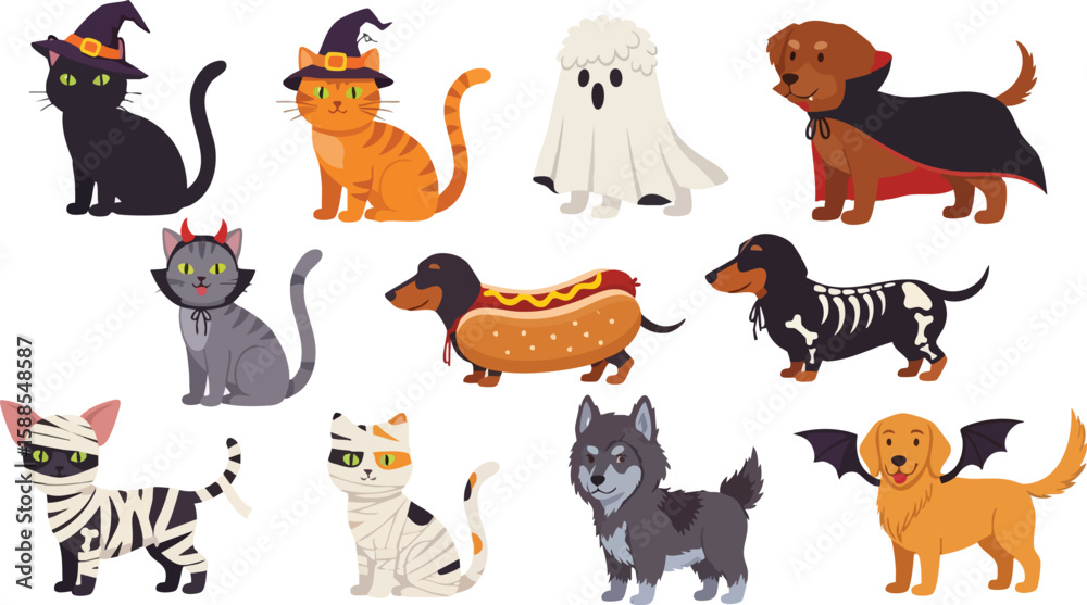 Obraz premium Halloween Pets in Costumes: Cute Halloween costumes for cats and dogs. A collection of adorable cats and dogs dressed in creative and spooky Halloween costumes.