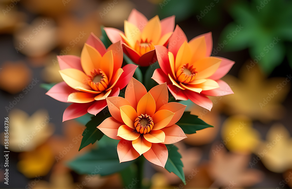 Naklejka premium delicate bouquet intricately layered paper flowers warm autumnal shades golden orange rust red soft yellow set