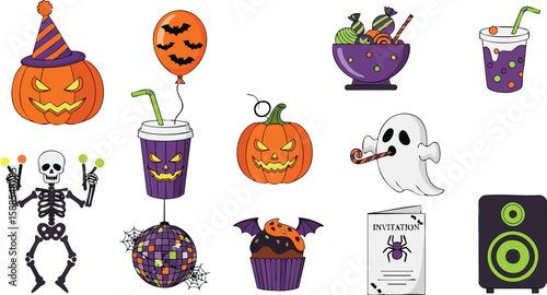 Enchanting Halloween Feast: A whimsical collection of festive elements bursts with spooky cheer, showcasing jack-o'-lanterns, ghoulish treats, and playful decorations.