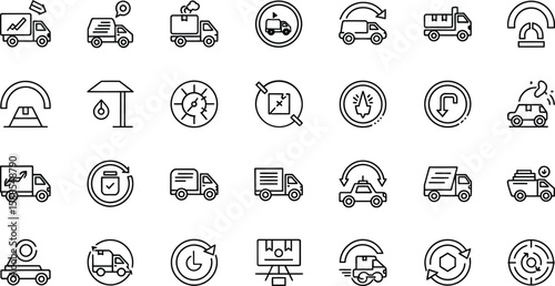 A collection of various transportation and logistics icons displayed in a neat and organized fashion 