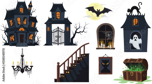 Halloween House Elements: A collection of Halloween-themed elements includes a haunted house, spooky window, staircase, bat, cat, ghost, chandelier, treasure chest for a eerie and festive atmosphere.