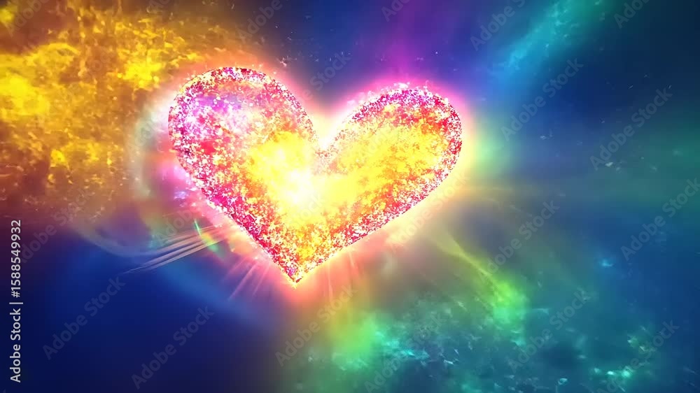 Vibrant heart-shaped explosion of colors radiating light, symbolizing love and positivity