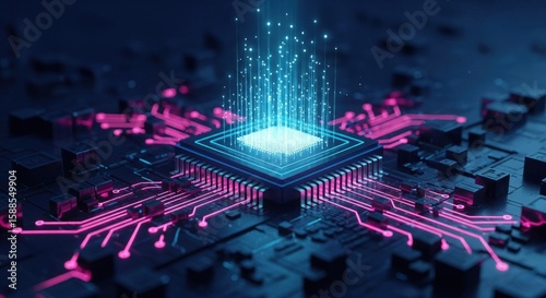 Ai microchip and colorful light spread with strong beam , ai compute concept with electronic circuits