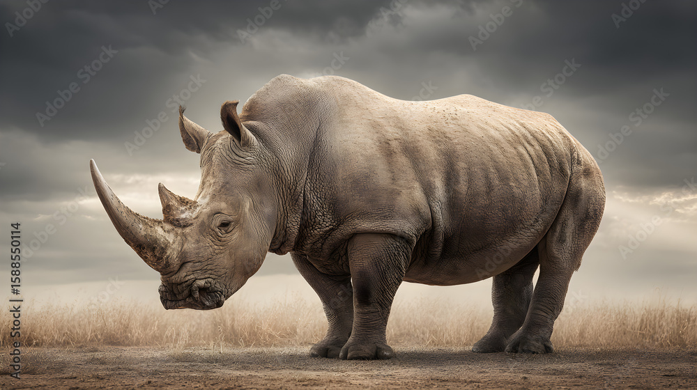 Fototapeta premium Rhino standing against a cloudy sky, side profile, detailed skin texture