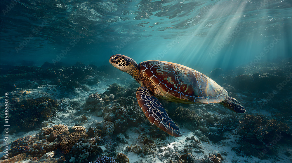 Fototapeta premium Sea Turtle gliding through coral reefs, soft sunlight filtering down