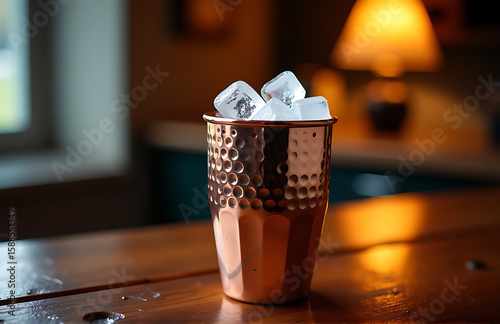 copper cocktail shaker filled ice cubes rests worn brown wooden surface catching warm golden light nearby