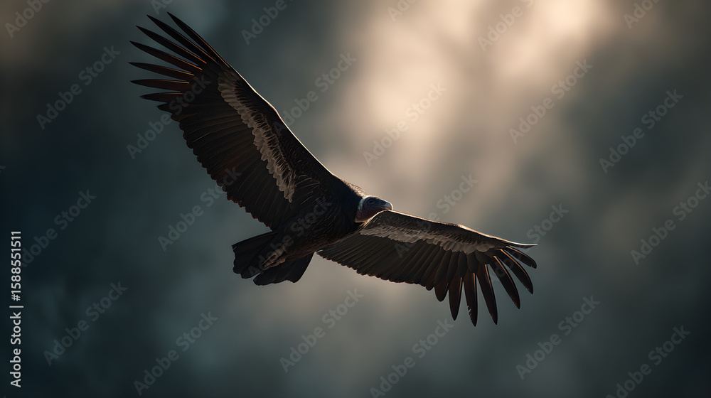 Naklejka premium Vulture soaring in the sky, dark and mysterious, intense lighting