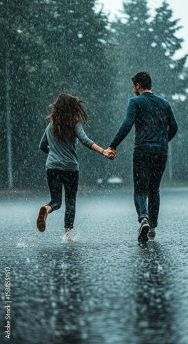 Couple running in rain