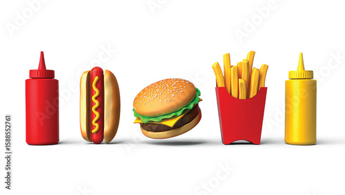 Red and yellow squeeze bottles with hot dog burger and french fries fast food hamburger