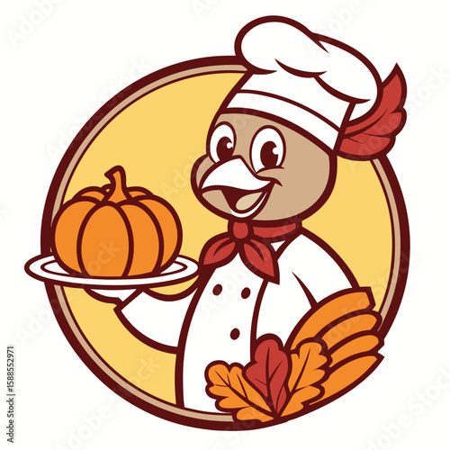 Cheerful Chef Bird Serves Delicious Pumpkin Dish at Thanksgiving Feast