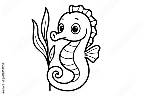 Adorable Seahorse Holding Seaweed Isolated Vector Coloring Page