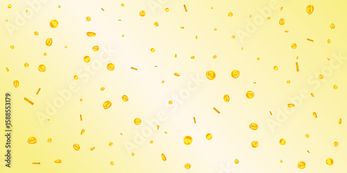 Russian ruble coins falling. Scattered gold RUB