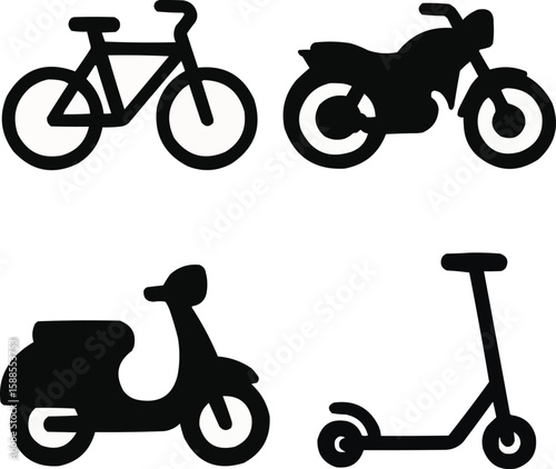 Transportation Vehicles Silhouette Vector EPS Streamlined Bicycle, Motorcycle, Scooter Icons for Design Projects with a Minimalist Style.