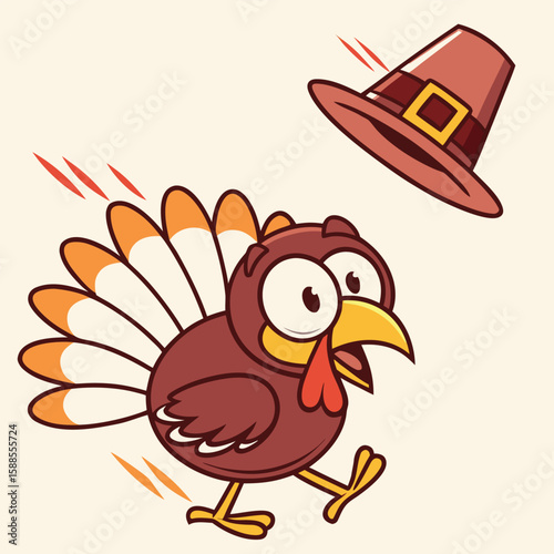 Funny cartoon turkey running with pilgrim hat flying away for Thanksgiving celebration