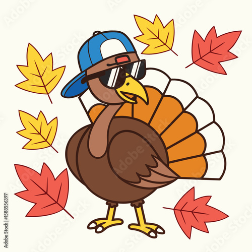 Cool Turkey Wearing Sunglasses and a Baseball Cap Surrounded by Autumn Leaves