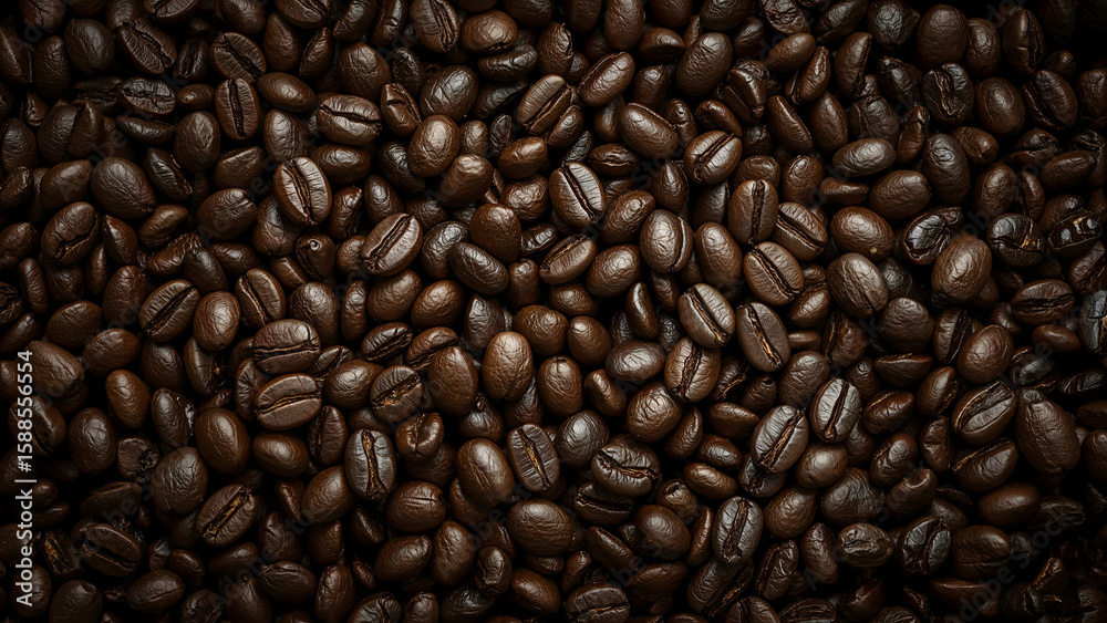 Fototapeta premium Dense Texture of Dark Roasted Coffee Beans with Rich Detail