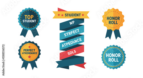 Colorful achievement badges and ribbons celebrate academic success, including top student and perfect attendance awards.