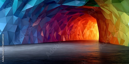 Fototapeta Naklejka Na Ścianę i Meble -  Abstract Rainbow Tunnel with Colorful Geometric Walls and Dark Floor.