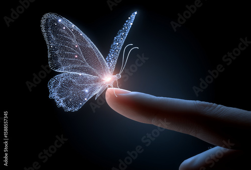  A digital butterfly resting on the tip of finger