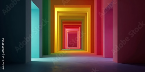Fototapeta Naklejka Na Ścianę i Meble -  Abstract Rainbow Tunnel with Colorful Geometric Walls and Dark Floor.