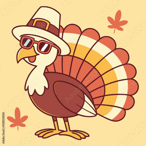 Cool Thanksgiving Turkey Wearing Hat and Sunglasses Celebrating Autumn Feast