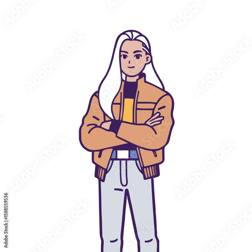 Confident young woman with long white hair wearing a bomber jacket and jeans.