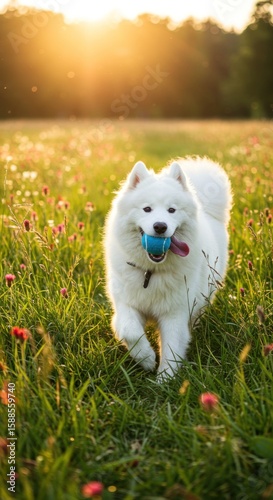 White dog running in a field of flowers, golden sunlight