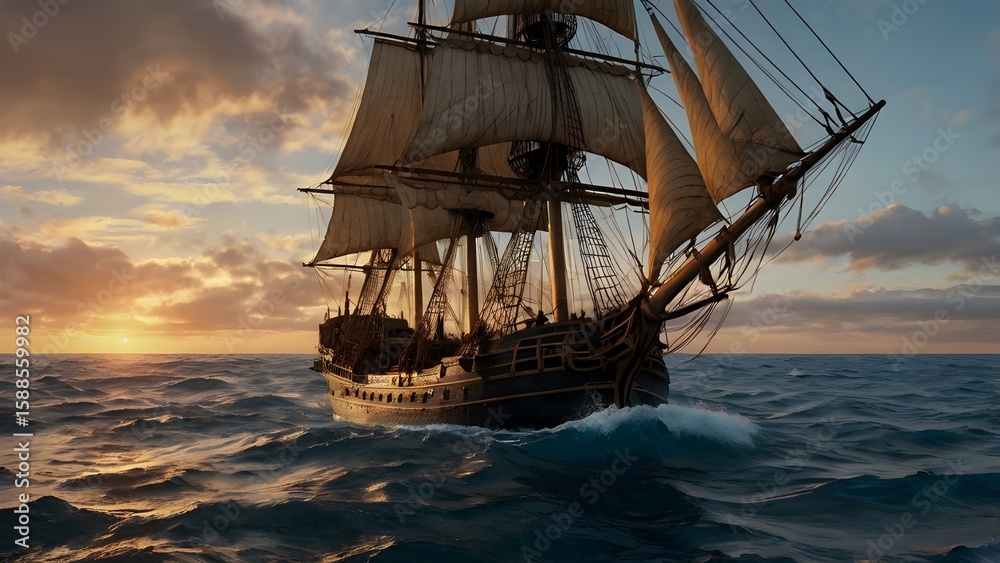 Fototapeta premium Vintage Ship Sailing Across a Timeless Sunset Ocean