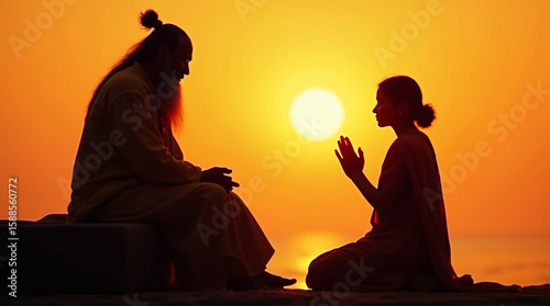 Silhouette of Guru and female disciple at sunrise, symbolizing traditional Indian Guru Purnima celebration, Guru Purnima Celebration