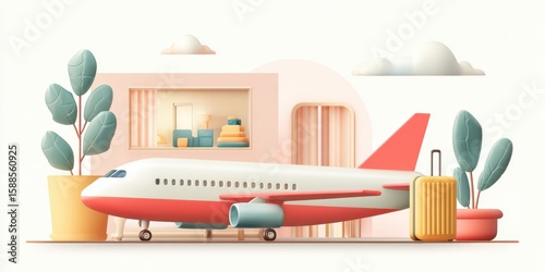 Colorful conceptual travel illustration – airplane vacation, summer holidays and adventure getaway theme