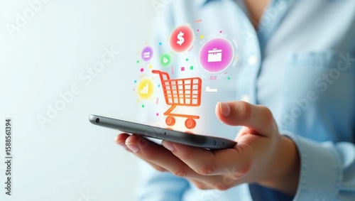 Close-up of hand holding smartphone with holographic ecommerce icons, vibrant colors, white background, futuristic 3D render, no branding.