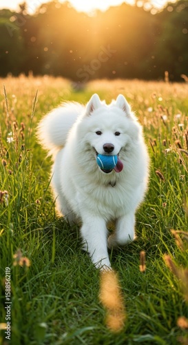 White Samoyed dog running in field at sunset