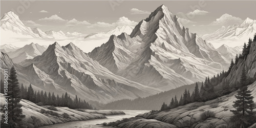 Snowy mountain peaks touch the sky, showcasing a breathtaking winter landscape