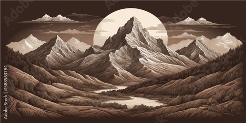 Winter mountain landscape with snowy peaks, dramatic clouds, and a vast sky view