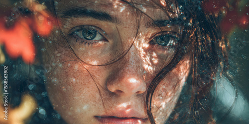 Close-up portrait of young freckled woman looking straight into the camera – natural beauty and connection