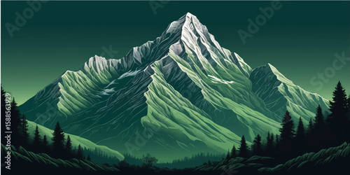Mountain landscape vector illustration showcasing a panoramic view of peaks, forests, and valleys under a vast sky