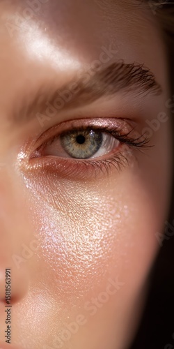 Close-up of a Woman's Eye with Shimmering Pink Eyeshadow and Defined Eyebrows.