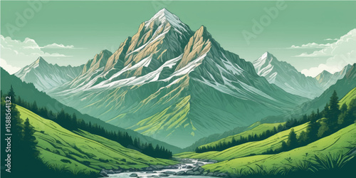 Alpine mountain landscape with green valleys, snow-capped peaks, and a clear sky offering panoramic views