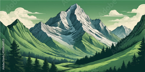 Here's a concise sentence to describe the image:

Majestic mountain landscape with snow-capped peaks, green forests, and a vast sky showcasing nature's panoramic beauty in the Alps