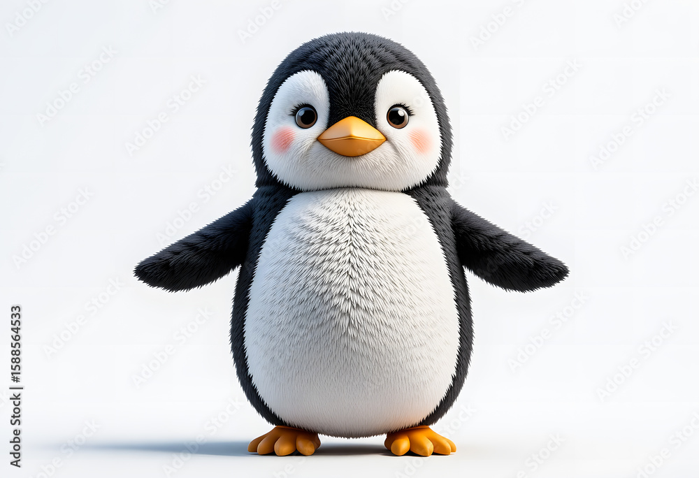 Obraz premium A full-body 3D cartoon illustration of an adorable, fluffy penguin doll standing with arms outstretched, ready for a hug on a clean white background.