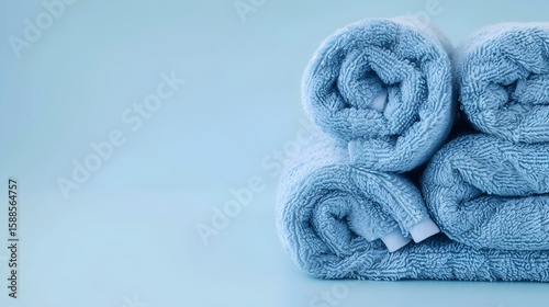 stack of blue rolled up towels on blue background, with empty space, HD wallpaper banner, Spa, Clean, laundry washing
