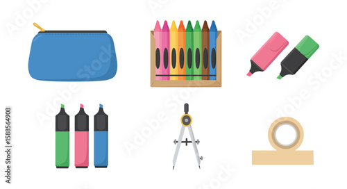 Back-to-School Supplies A colorful array of educational tools and stationery essentials for a creative school learning environment, sparking imagination and facilitating engaging lessons.