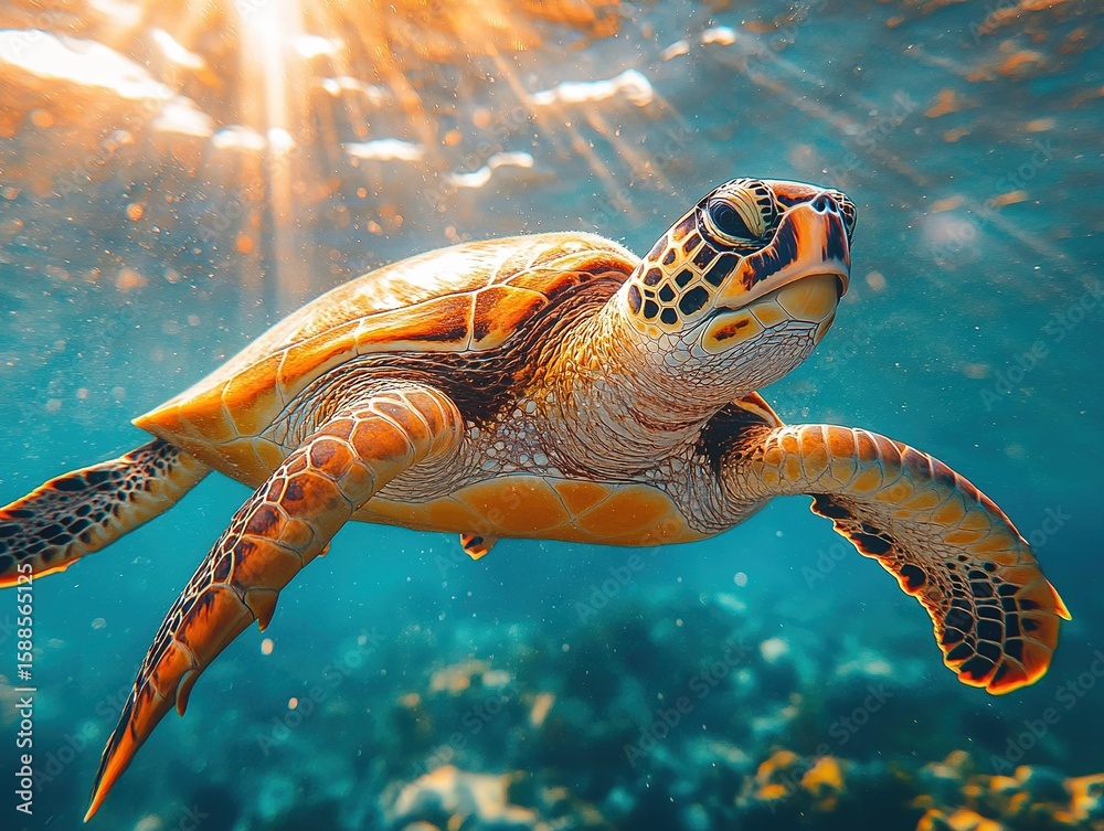 Obraz premium Sunlight Streaming Through Water: Green Sea Turtle Underwater Photography | Nature Conservation Design Asset | Dynamic Ocean Creature Capture | High-Definition Marine Life Illustration-Level Image